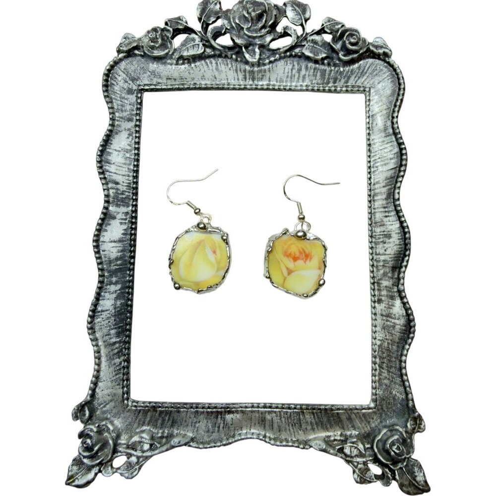 Yellow Rose Bavaria Broken China Earrings - Sterling Silver 925 Artisan Crafted - Picture 6 of 11